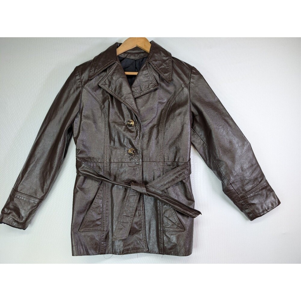 General Leather New York Vintage Jacket Brown Leather Belt Button Up Size 9/10 M